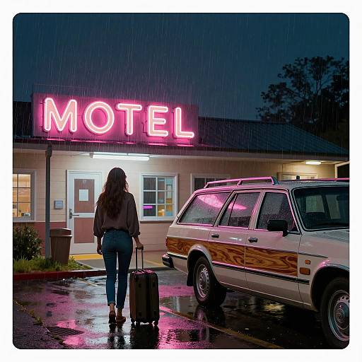 Woman at Neon-Lit Motel in Rainy Night