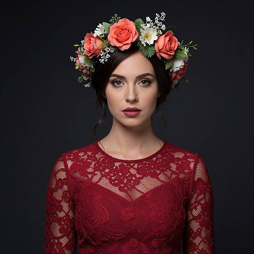 Photograph of a fair-skinned woman with dark hair, wearing a red lace dress and a floral crown with red roses and white flowers, against a