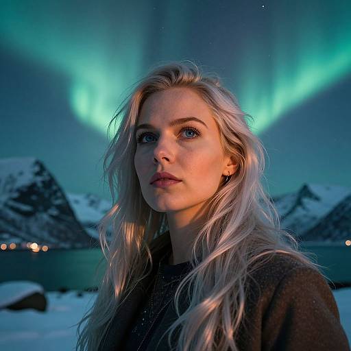 Photograph of a blonde woman with long, wavy hair, standing in a snowy landscape at night, with vibrant green Northern Lights in the background.