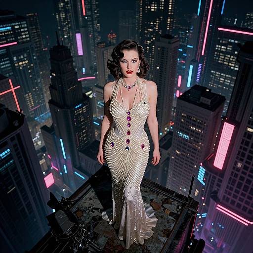 Glamorous woman in a sparkly, deep-V, white dress with red jewels stands on a rooftop, surrounded by neon-lit skyscrapers