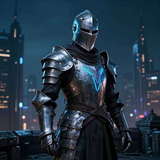 CGI image of a futuristic armored knight with glowing blue emblem, standing in a dark, neon-lit cityscape at night.