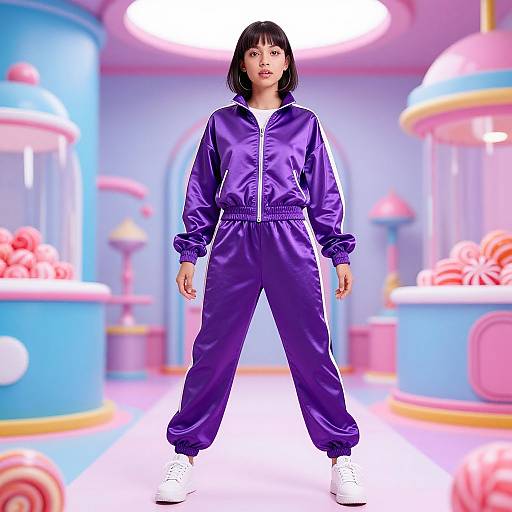 Photograph of an Asian woman with short black hair, wearing a shiny purple tracksuit and white sneakers, standing confidently in a colorful, candy-themed room
