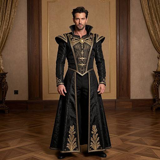 Photograph of a bearded man in ornate black and gold Renaissance-style long coat, standing in a luxurious, wood-paneled room.
