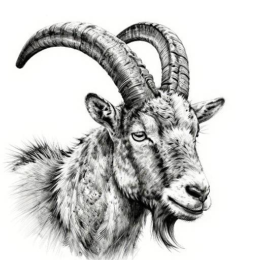 Black and white ink drawing of a goat with detailed, textured fur and prominent, curved horns, looking slightly to the right.