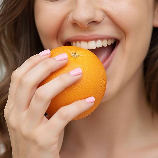 Joyful Woman Holding Vibrant Orange