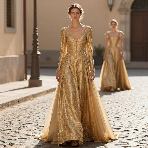 Elegant Golden Renaissance Gown on Cobblestone Street