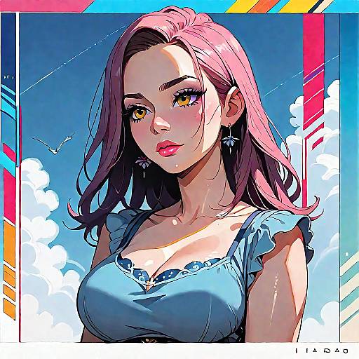 Digital anime-style drawing of a beautiful woman with pink hair, yellow eyes, blue dress, and earrings, set against a blue sky with clouds. Artist