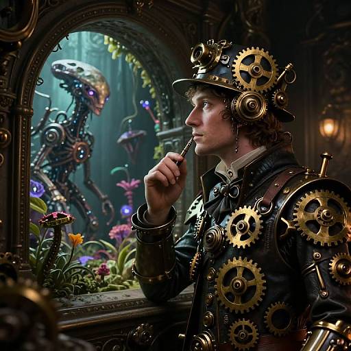 Steampunk man with gear-adorned coat and hat, pensive, gazes at glowing, robotic alien in lush, futuristic garden through orn