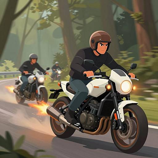Motorcyclists Racing Through Forest