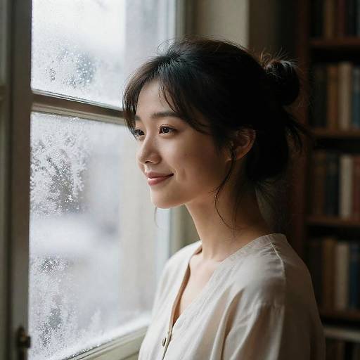 Photograph of an Asian woman with fair skin and black hair in a messy bun, smiling softly while looking out a fogged window, wearing a white