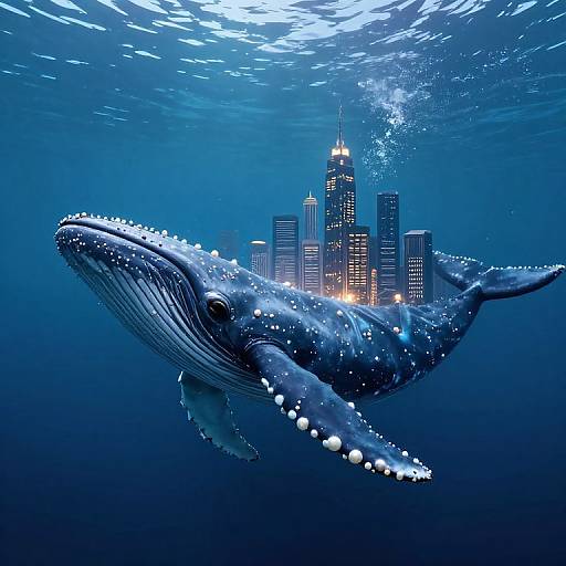 Digital artwork of a blue whale adorned with city lights, swimming underwater with a skyscraper cityscape in the background.