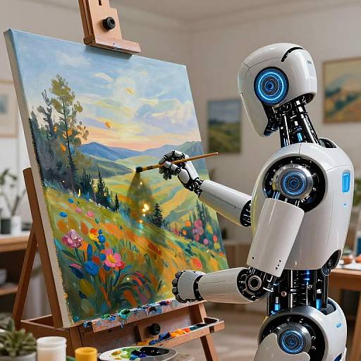Photograph of a white, blue-eyed robotic artist painting a vibrant, colorful landscape on an easel in a bright, modern studio.