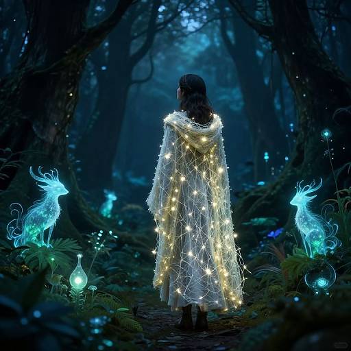 Enchanting forest scene: Woman with long brown hair, back facing, wears glowing fairy lights shawl, surrounded by ethereal blue deer lanterns