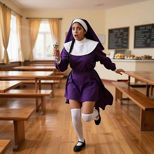 Photograph of a young South Asian woman in a traditional nun's habit, white wimple and veil, purple dress, white knee socks, black shoes