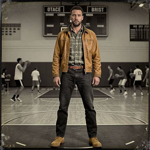 Photograph of a bearded man in a brown leather jacket, plaid shirt, and dark jeans, standing confidently in a gym with blurred basketball players