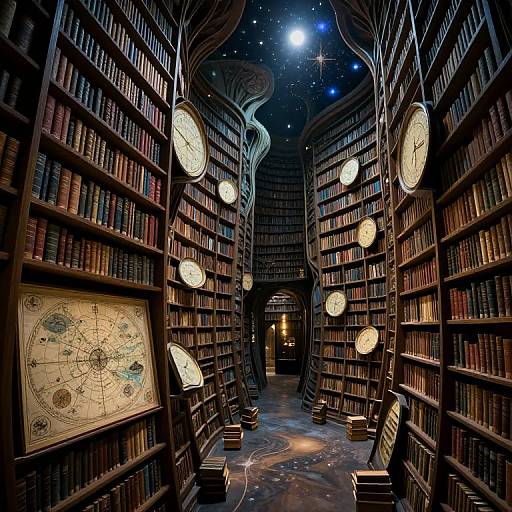 Photograph of a mystical, starry-ceilinged library with towering shelves of books, large round clocks, a celestial map, and glowing orbs.