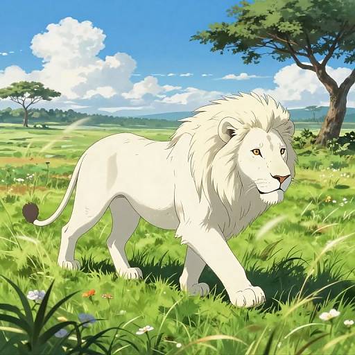 Digital art of a majestic white lion walking through a vibrant, sunlit grassy savanna with blue sky and fluffy clouds.