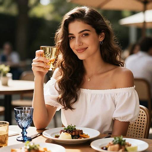 Woman enjoying outdoor meal with gold glass