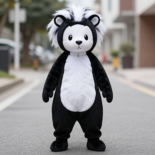 Photograph of a person standing on a street in a black and white panda costume with fluffy white hair, black ears, and a white belly, in