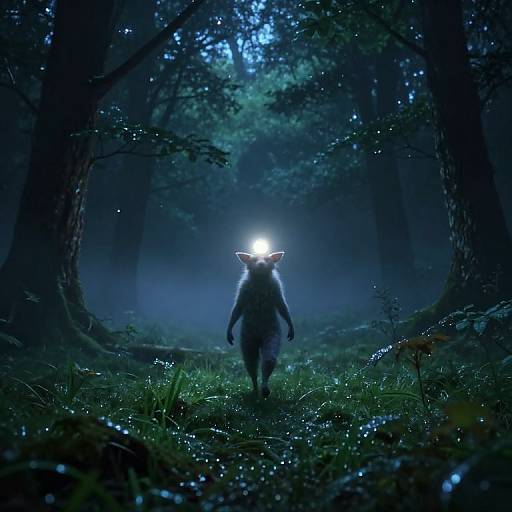 Mysterious glowing creature with a bright white light on its head walks through a dense, enchanted forest illuminated by bioluminescent plants. Digital artwork.