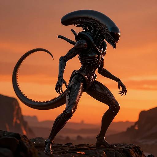 Photorealistic digital art of a silhouetted Xenomorph against a vibrant orange sunset, standing on rocky terrain with sharp, menacing posture and