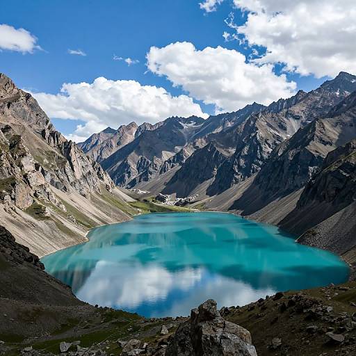 Photograph of a vibrant turquoise mountain lake surrounded by rocky peaks, under a bright blue sky with scattered white clouds.