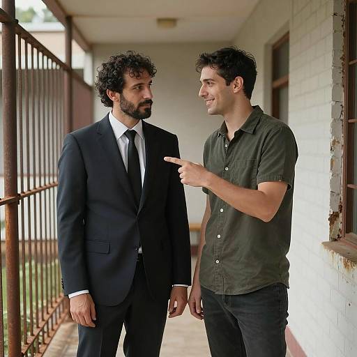 Casual Conversation in Rustic Corridor