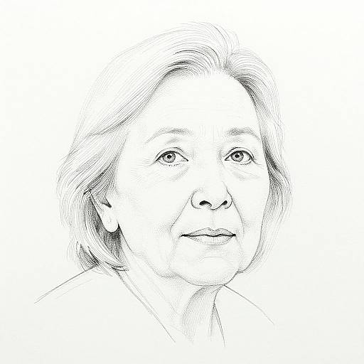 Black-and-white line drawing of an elderly woman with short, wavy hair, gentle expression, and subtle smile, centered against a plain white background.