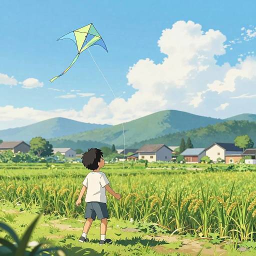 Peaceful Rural Kite Flying Scene