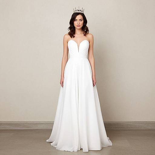 Photograph of a young woman with dark curly hair, wearing a white strapless wedding gown and silver tiara, standing against a plain beige wall.