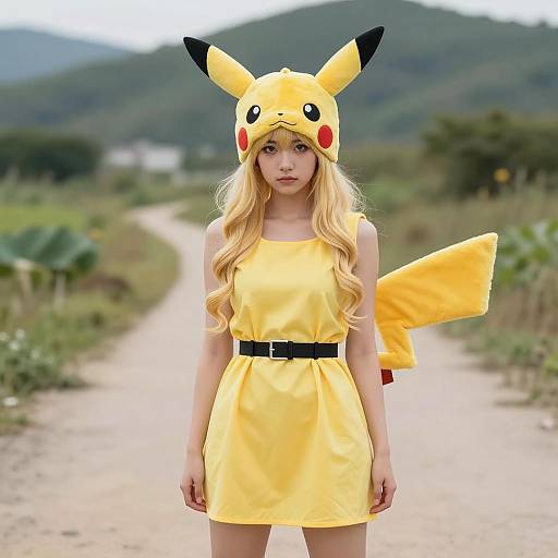 Young Woman in Pikachu Costume on Dirt Path