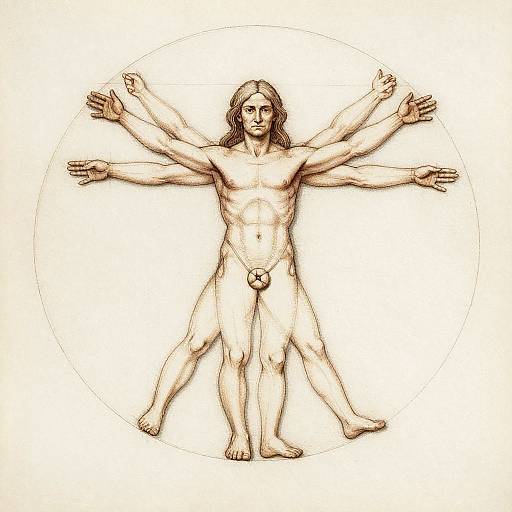 Monochromatic digital drawing of a six-armed, nude male figure with long hair, standing with arms outstretched, wearing a small loinc