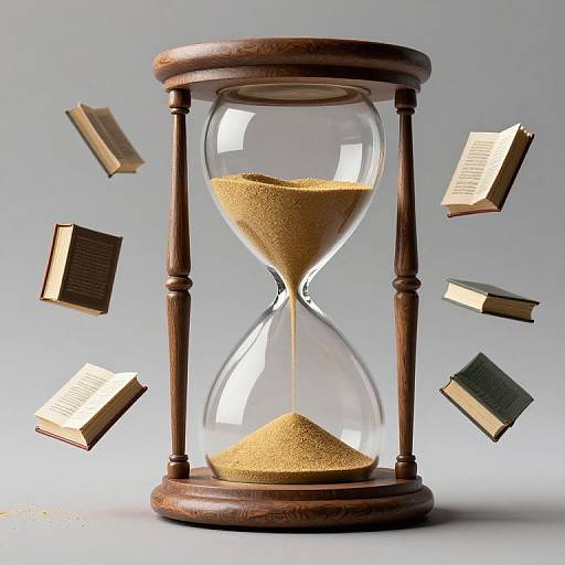 Photograph of a wooden hourglass with sand flowing, surrounded by floating open books, symbolizing time passing and knowledge.