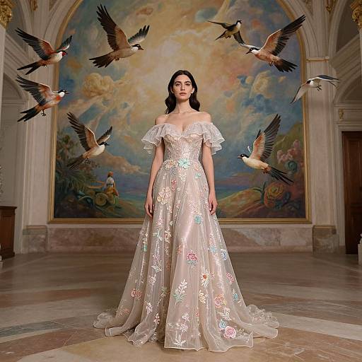 Photograph of a young woman in a shimmering, off-shoulder, floral-embellished gown, standing in an opulent hall with