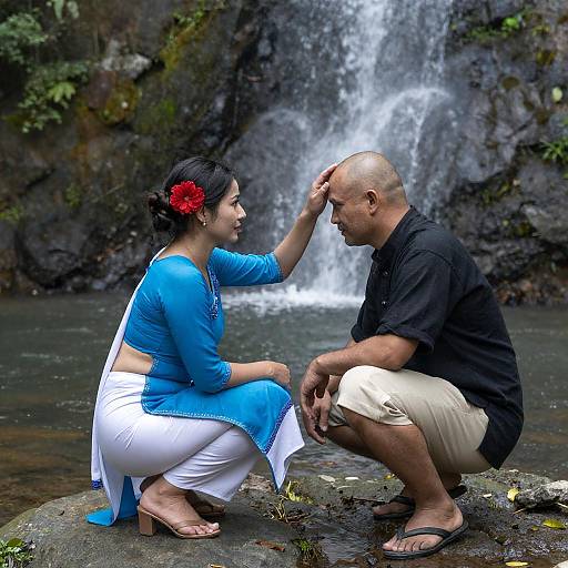 Couple by Waterfall in Traditional Clothing