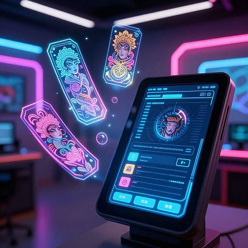 Neon-lit digital display of tarot cards on a tablet, surrounded by floating, glowing tarot illustrations in a futuristic room.