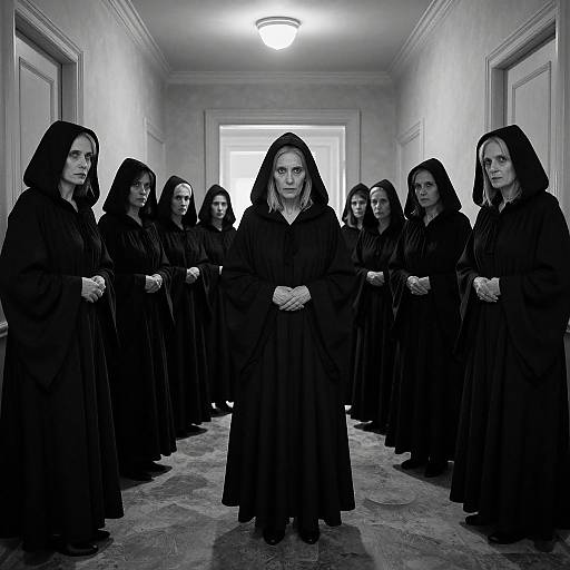 Photograph of 11 women in black, hooded cloaks, standing in a dimly lit, narrow hallway with a bright window at the end