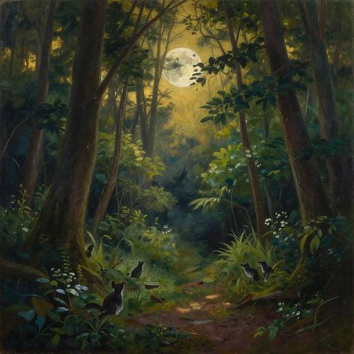 Digital painting of a moonlit forest with tall trees, lush greenery, and three black cats standing on a dirt path.