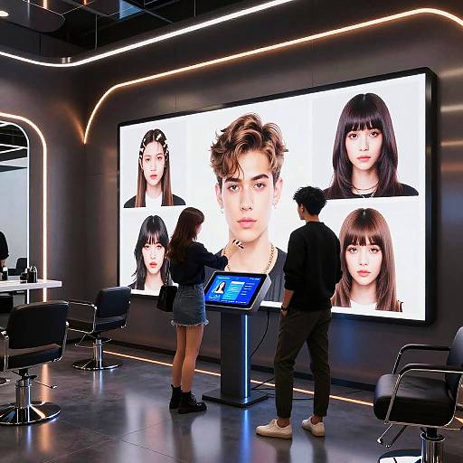 Photograph of a modern salon with three large screens displaying portraits of Asian women with black hair, two standing, one seated, interacting with a touchscreen.