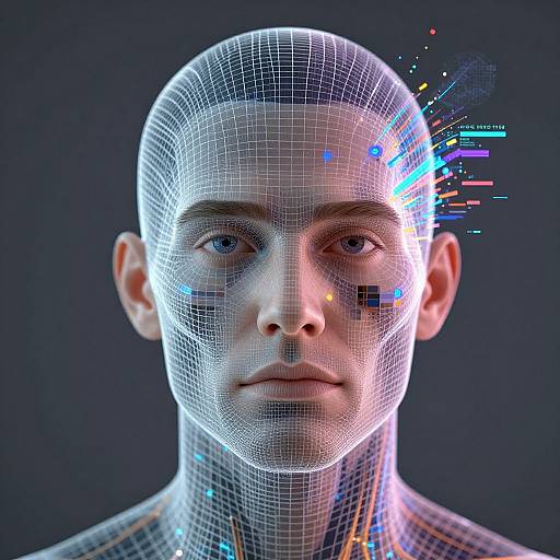 CGI image of a bald, androgynous human face with a wireframe digital overlay, glowing blue and orange pixels on the right side,