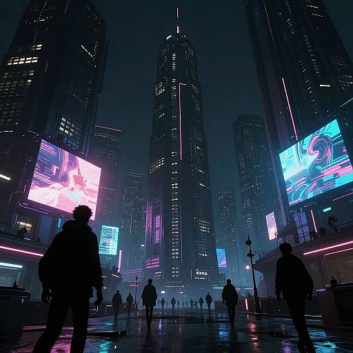 Cyberpunk cityscape at night, featuring towering skyscrapers with neon lights, silhouetted pedestrians, and vibrant digital billboards. Dark