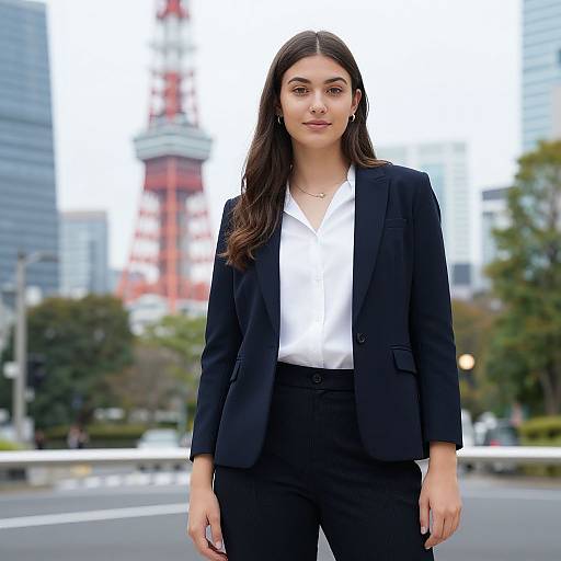 Photograph of a confident woman with long brown hair, wearing a black blazer and white shirt, standing in front of a blurred cityscape with a