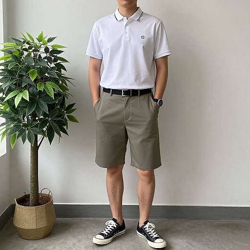 Photograph of a man in a white polo shirt, gray shorts, black belt, and black sneakers, standing next to a potted plant.