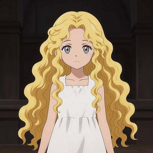 Digital anime-style illustration of a young girl with long, wavy blonde hair, wearing a white sleeveless dress, against a dark background. She has