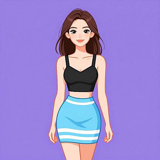 Smiling Woman in Trendy Black Crop Top and Blue Mini Skirt