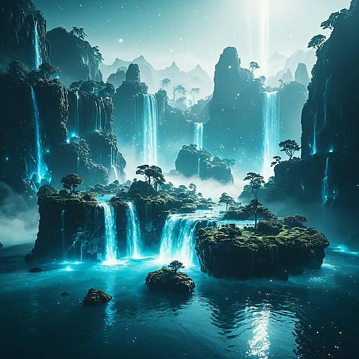 Ethereal Floating Islands with Luminescent Waterfalls