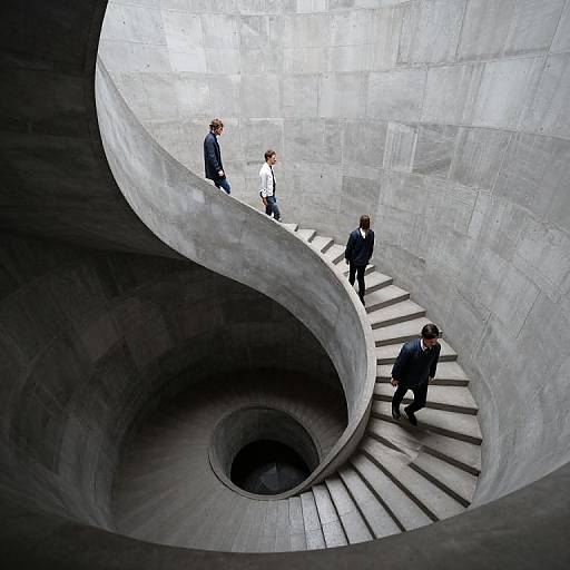 Photograph of five business professionals ascending a spiraling concrete staircase in a modern, minimalist building with gray, smooth concrete walls.
