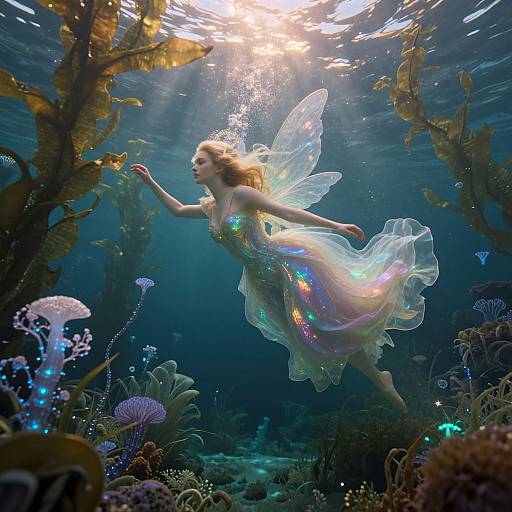 Photorealistic underwater photograph of a fairy with iridescent wings and dress, floating among vibrant sea corals and glowing jellyfish. Sunlight filters