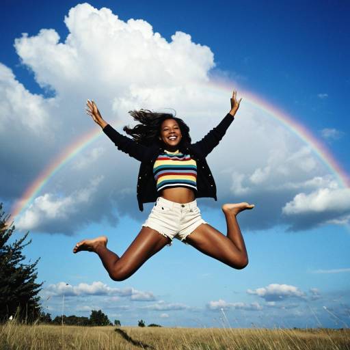 Joyful Woman Jumping with Rainbow in Background