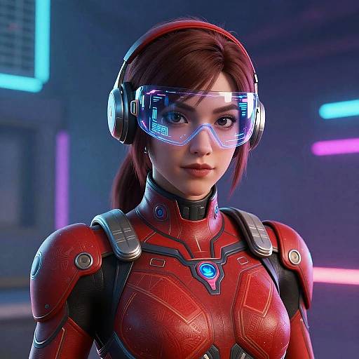 CGI image of a red-haired woman in a futuristic, red armored suit with glowing blue emblem, wearing transparent visor and headphones. Neon-lit